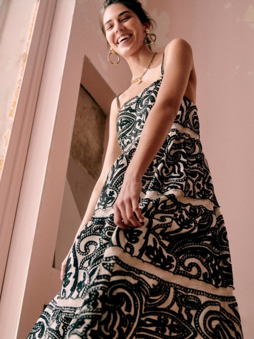 Sézane Anaka‎ Dress Black & Cream Embroidered Print Tiered Maxi Dress 36